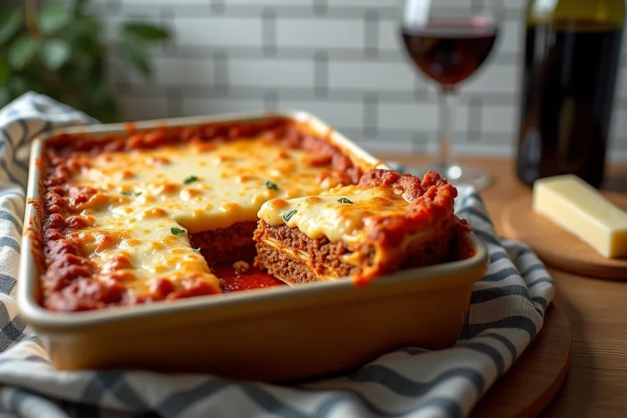 Plat de lasagnes bolognaise maison en plat à four profond, avec couches de pâtes, sauce bolognaise et béchamel dorée