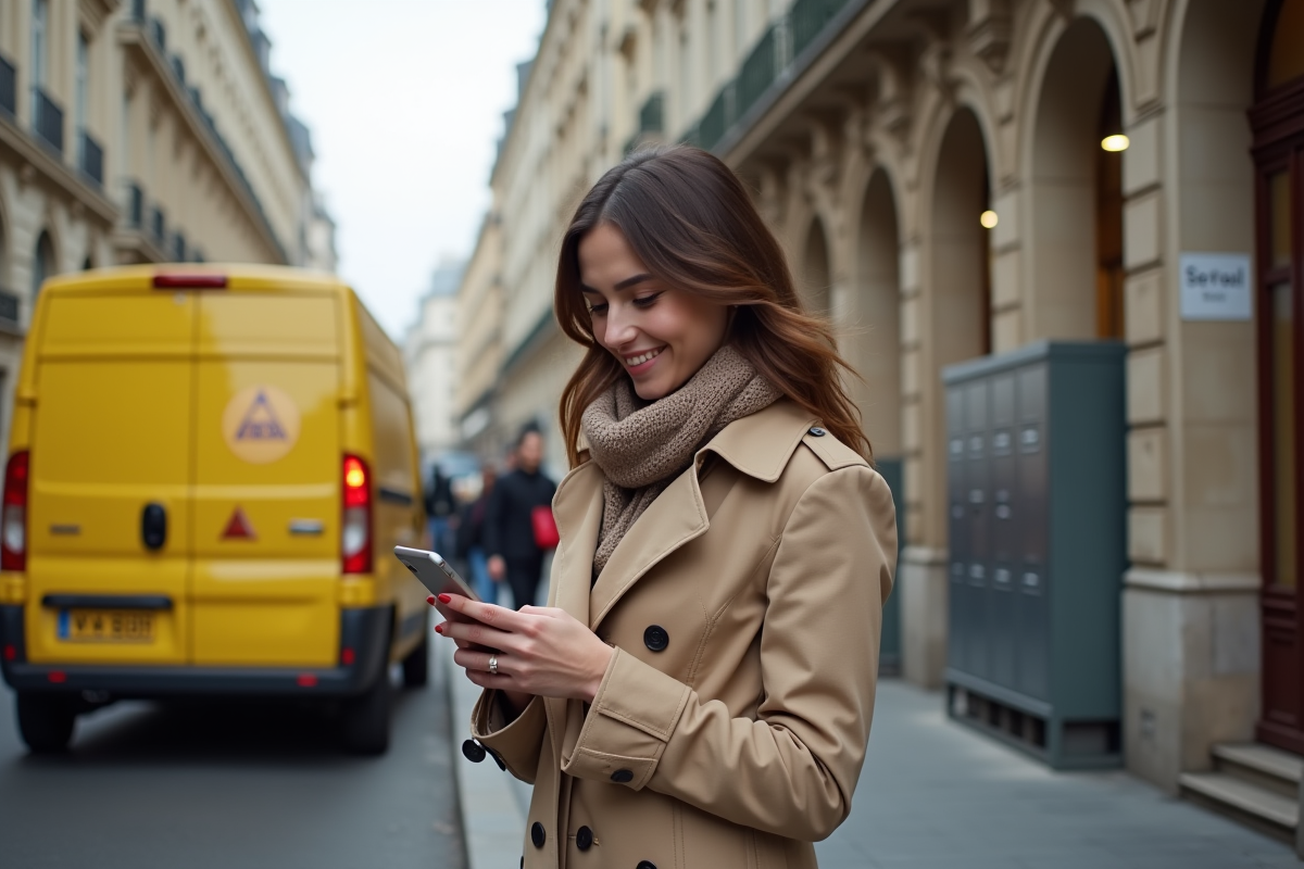 Jeune femme à Paris vérifiant son smartphone