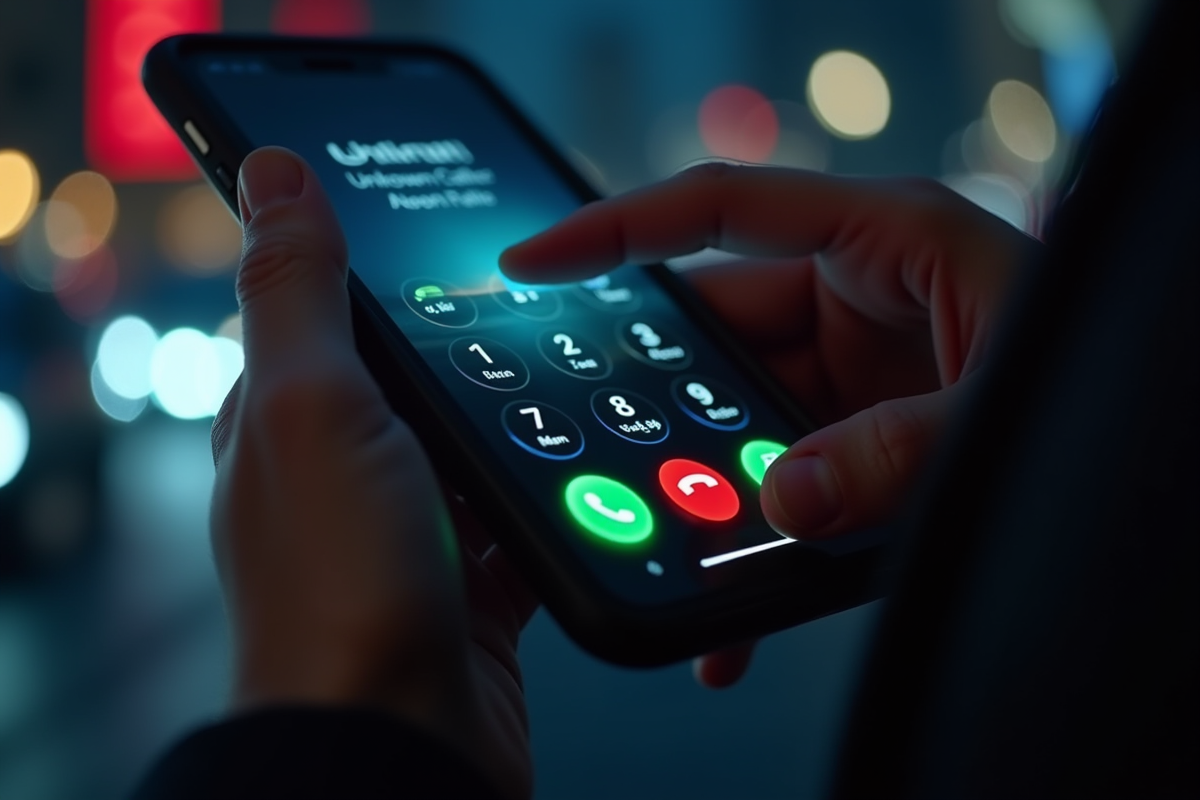 Main anonyme composant un numéro inconnu sur un smartphone lumineux