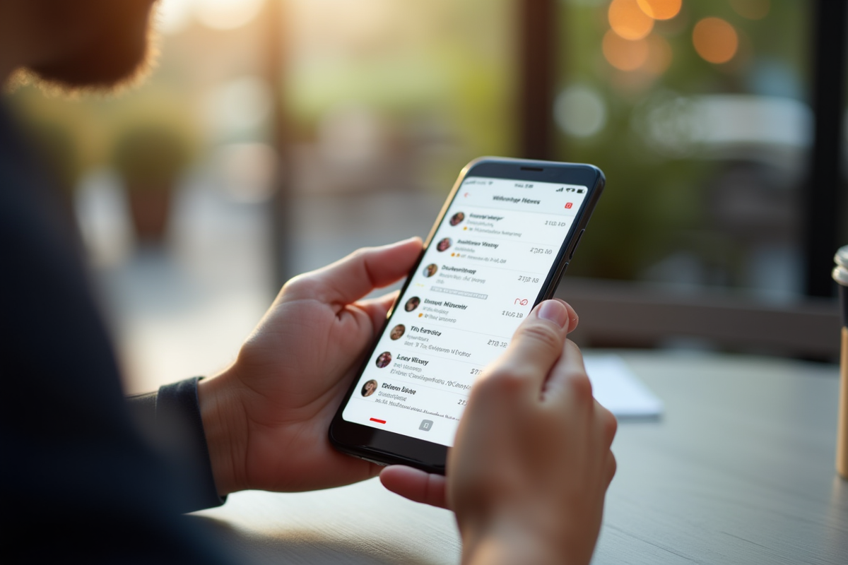 Mains tenant un smartphone avec email non lu au café en extérieur