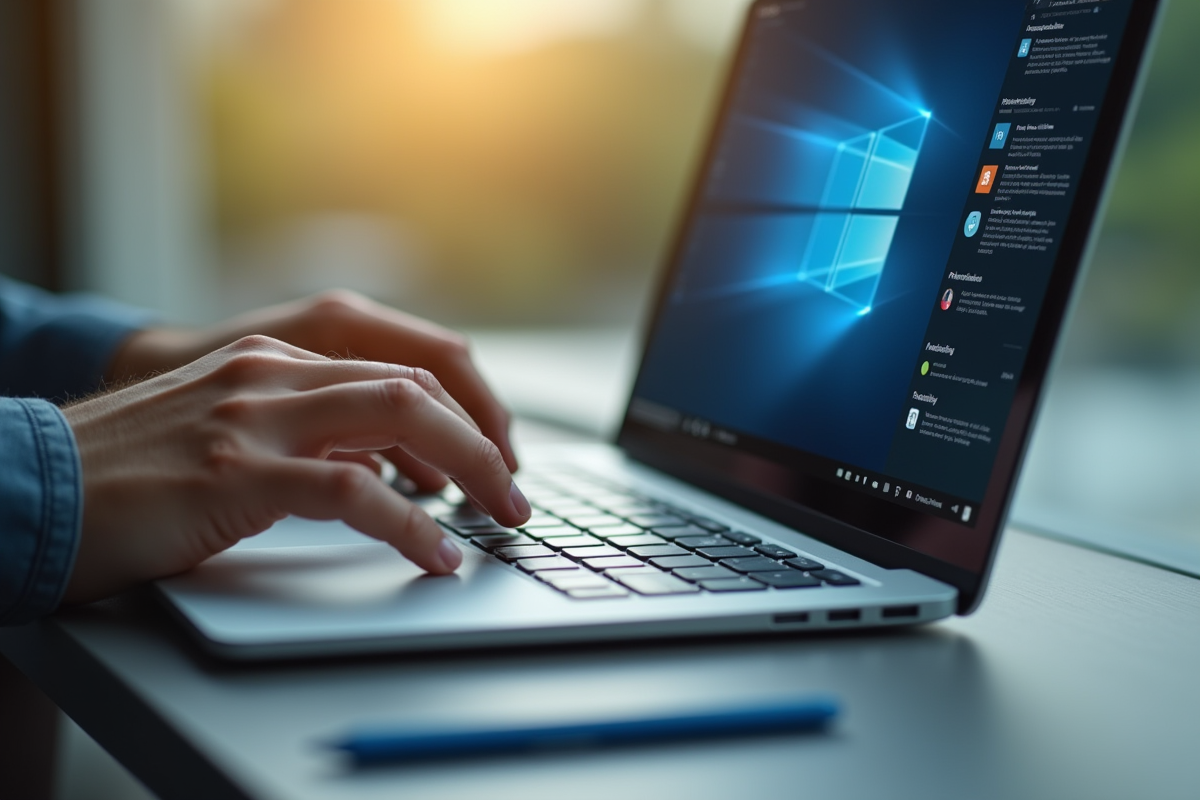 Mains tapant sur un ordinateur portable avec applications éducatives