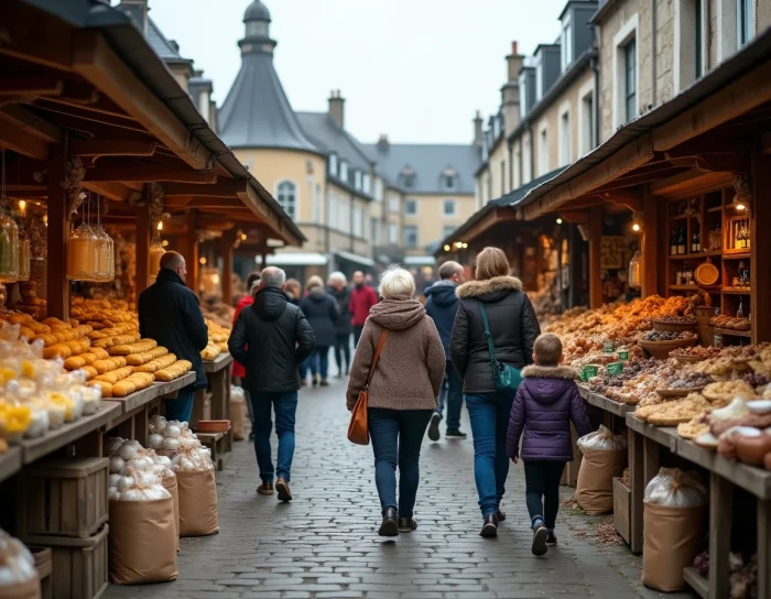 Marché traditionnel breton animé avec produits locaux, beurre salé, cidre et faïence dans une place de village en Bretagne