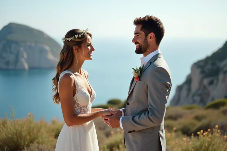 Jeune couple échangeant leurs vœux devant Gibraltar