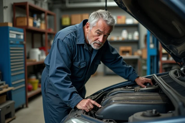 Mécanicien inspecte un moteur à cylindres défaillants dans un atelier automobile