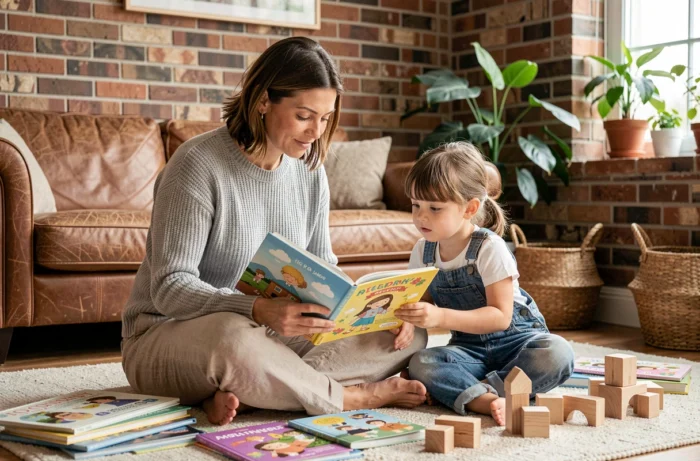 Mère et fille lisant ensemble un livre illustré sur le tapis du salon familial