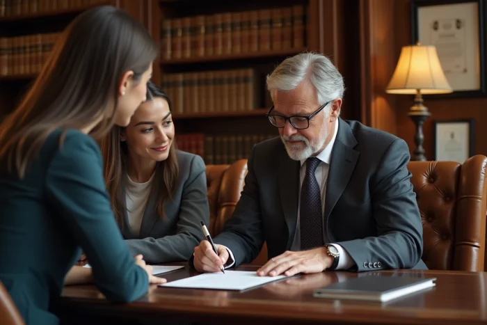 Notaire signant les documents officiels d'une transaction immobilière avec un jeune couple