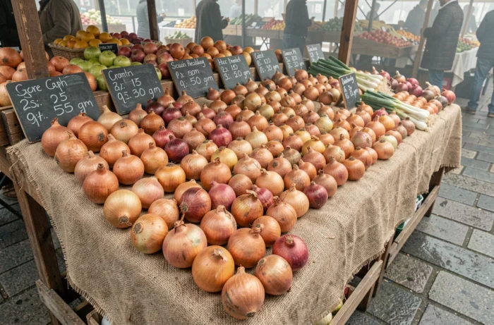 Étal de marché rustique présentant des oignons triés par calibre et poids sur un tissu de jute, avec étiquettes ardoise manuscrites