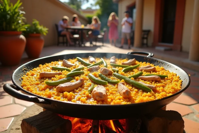Grande paella valenciana dans une large poêle à paella sur feu de bois en extérieur, riz safrané au socarrat avec poulet et lapin