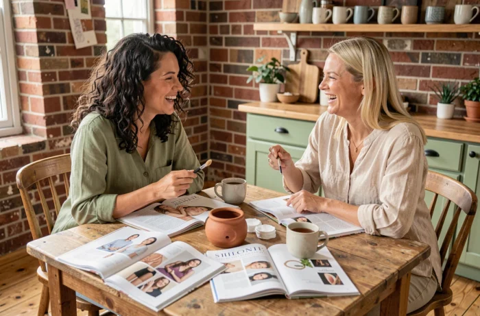 Deux amies partageant des astuces beauté autour d'une table en bois avec des produits de soin naturels et des magazines