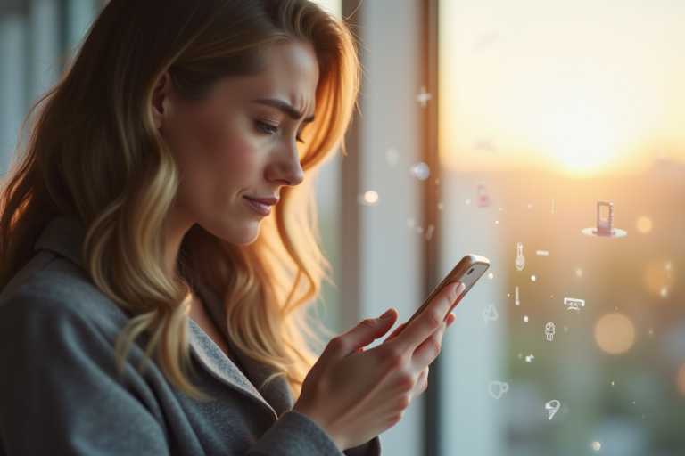 Personne tenant un smartphone près d'une fenêtre lumineuse avec icônes de confidentialité