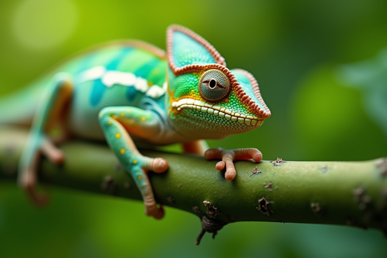 Pieds de caméléon avec griffes sur branche verte