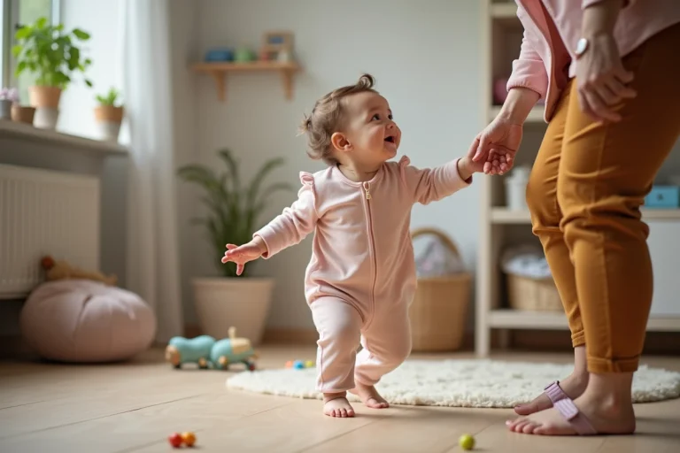 Bebe de 13 mois faisant ses premiers pas vers une femme souriante