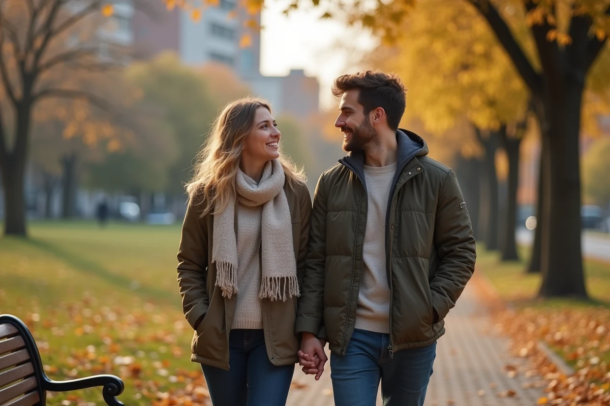 Jeune femme et homme marchant dans un parc en automne