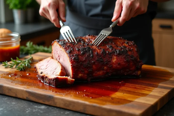 Épaule de porc effilochée au four basse température, viande fondante et caramélisée effilochée à la fourchette sur une planche en bois