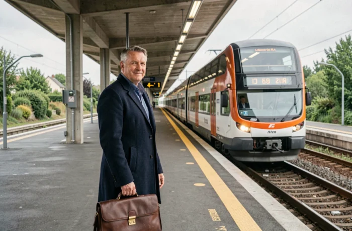 Voyageur sur le quai de la gare RER A du Vésinet-Centre attendant le train, symbole de la connexion urbaine qui influence les prix immobiliers locaux
