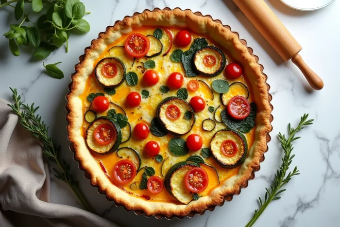 Grande quiche aux légumes de saison dans un moule céramique, garniture d'œufs et crème avec tomates, courgettes et poireaux caramélisés