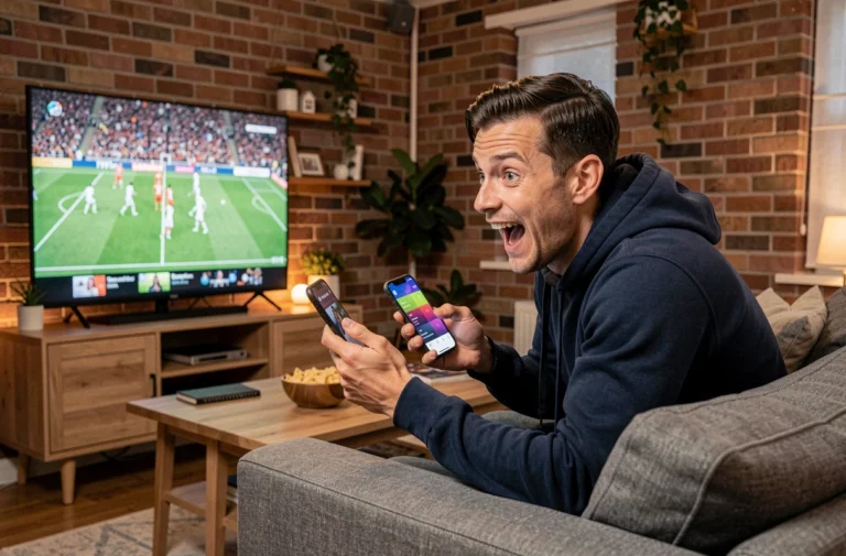 Homme regardant un match de football en streaming sur sa télévision depuis son canapé avec un smartphone à la main