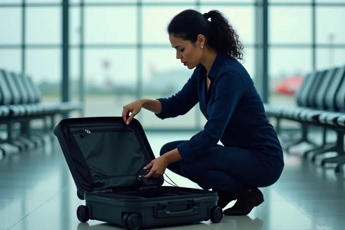 Femme réinitialisant un cadenas TSA 007 noir sur une valise à l'aéroport