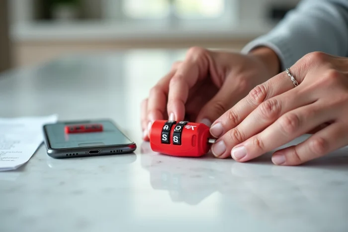 Gros plan de mains manipulant un cadenas TSA 007 rouge sur un comptoir en marbre avec une fiche d'instructions
