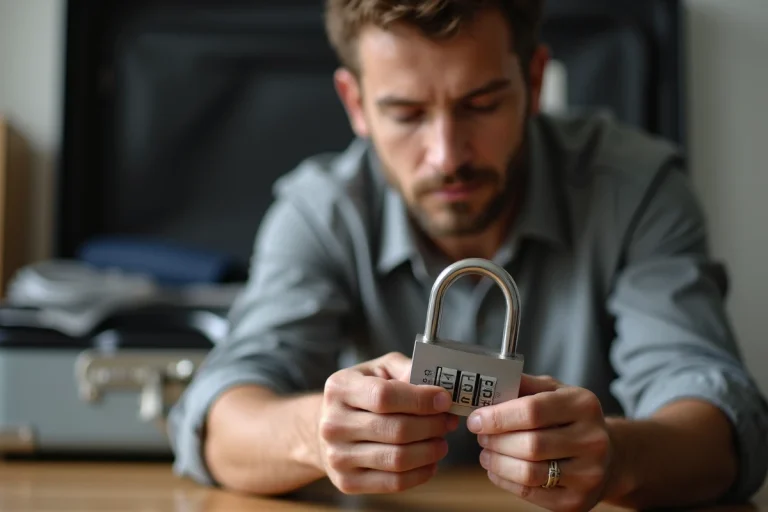 Homme tenant un cadenas TSA 007 argenté et examinant les molettes de combinaison sur un bureau en bois