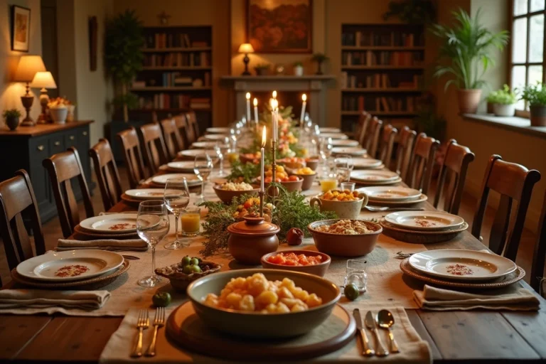 Table de fête conviviale dressée pour dix amis avec des plats partagés en cocotte, ambiance chaleureuse dans une salle à manger rustique