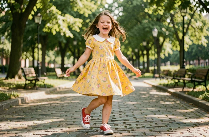Petite fille de 7 ans portant une robe fleurie jaune avec des baskets rouges, tournant joyeusement dans un parc urbain ensoleillé