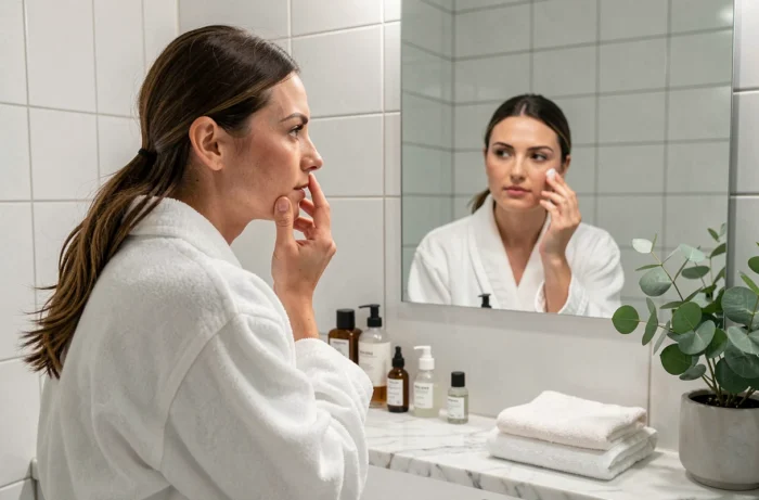 Femme appliquant sa crème hydratante devant un miroir de salle de bain moderne dans le cadre d'une routine beauté quotidienne