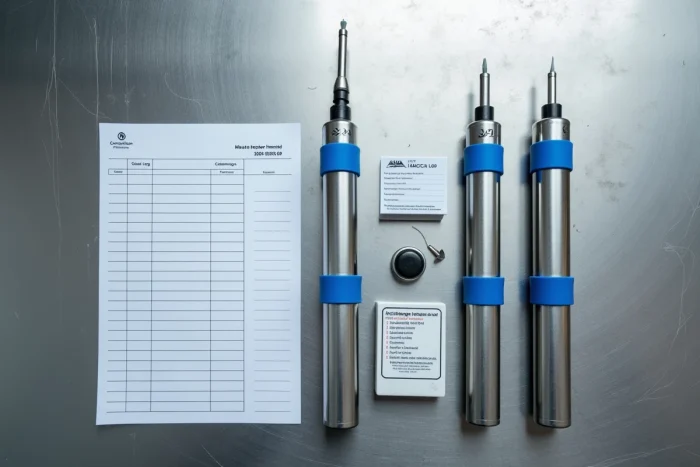 Vue en plongée de sondes de température métal détectables avec documents HACCP sur un plan de travail inox en cuisine professionnelle