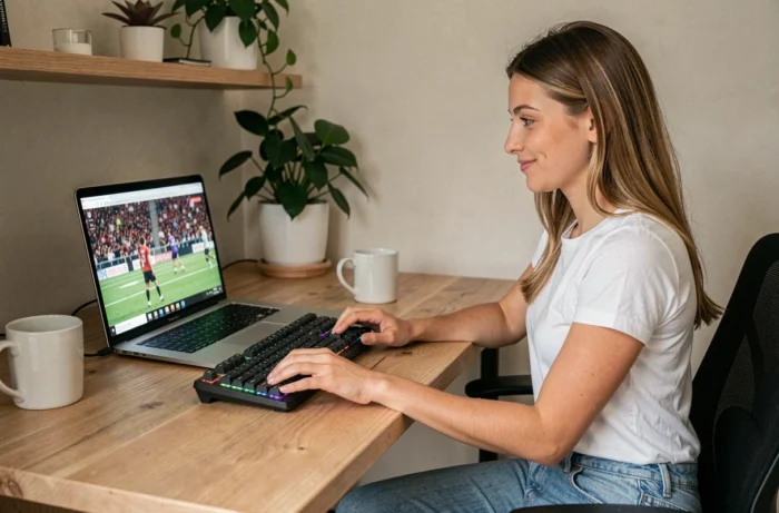 Jeune femme suivant un match de football en direct sur un ordinateur portable dans un bureau à domicile