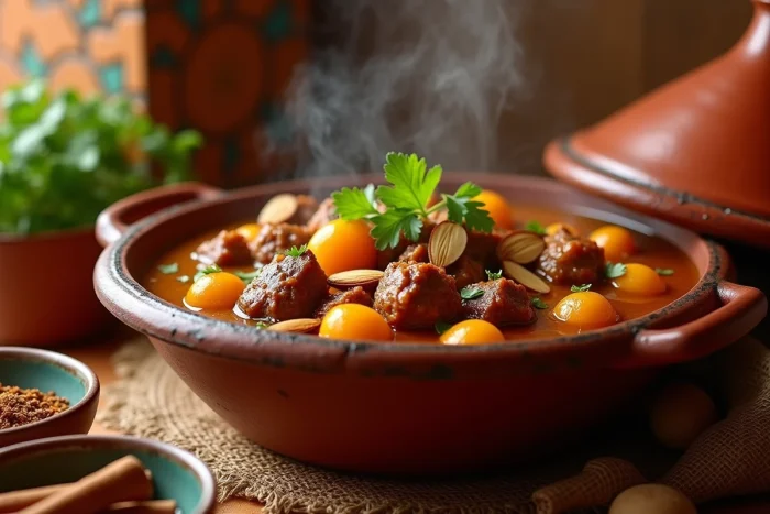 Tajine d'agneau aux abricots secs en cocotte de terre cuite, sauce ambrée parfumée aux épices et amandes grillées