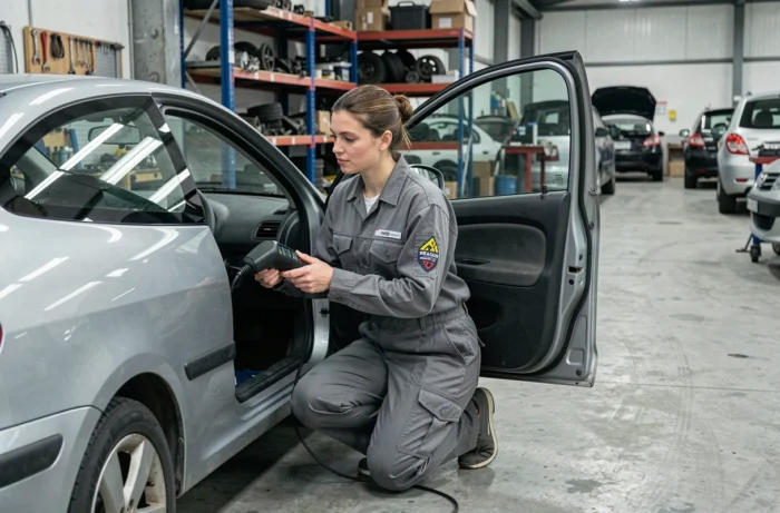 Technicienne automobile diagnostiquant les voyants du tableau de bord d'une Peugeot 206 dans un garage