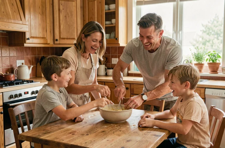 Famille épanouie préparant des crêpes ensemble dans une cuisine chaleureuse au quotidien