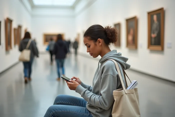 Jeune femme au chômage visitant un musée gratuitement grâce à son justificatif Pôle emploi