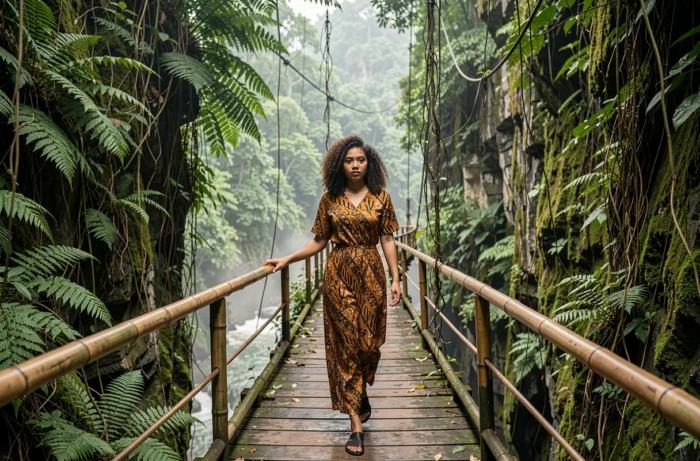 Jeune femme traversant un pont suspendu en bambou au-dessus d'une gorge jungle au Vietnam lors d'un voyage insolite