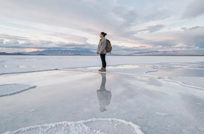 Voyageuse contemplant l'immensité du salar de Bolivie, reflet parfait du ciel dans une fine couche d'eau sur le sel blanc