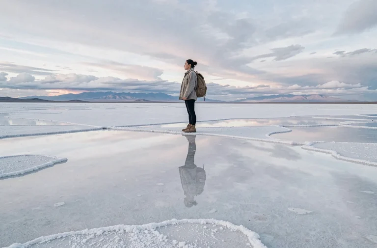Voyageuse contemplant l'immensité du salar de Bolivie, reflet parfait du ciel dans une fine couche d'eau sur le sel blanc