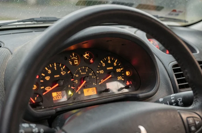 Voyants d'avertissement allumés sur le tableau de bord d'une Peugeot 206, en gros plan