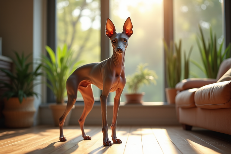 Chien Xoloitzcuintli dans un salon lumineux avec plantes